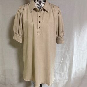 THML Beige Faux Suede Polo Mini Dress with Puff Sleeves and Pockets Minimalist